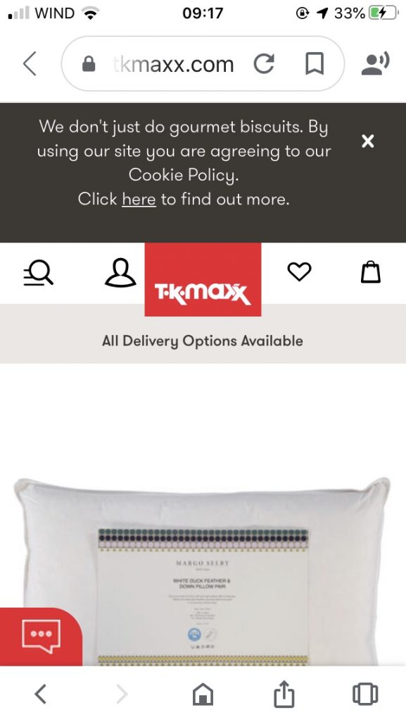 TK Maxx cookie notice as a tone of voice example of brand touchpoints