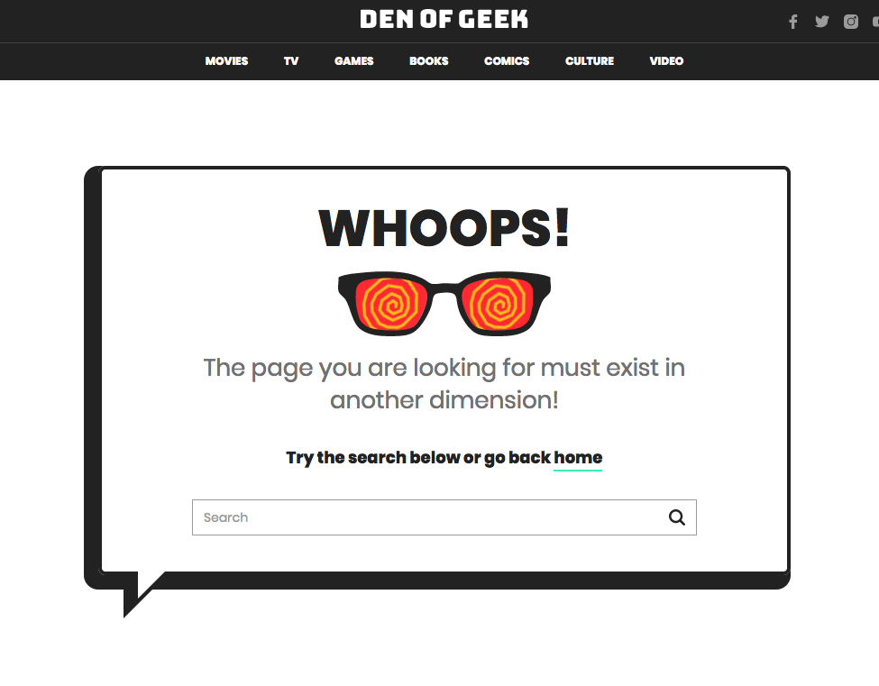 A 404 page for Deen of Geek saying Whoops!