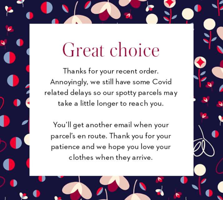 Boden order confirmation demonstrating consistently good tone of voice across all communications