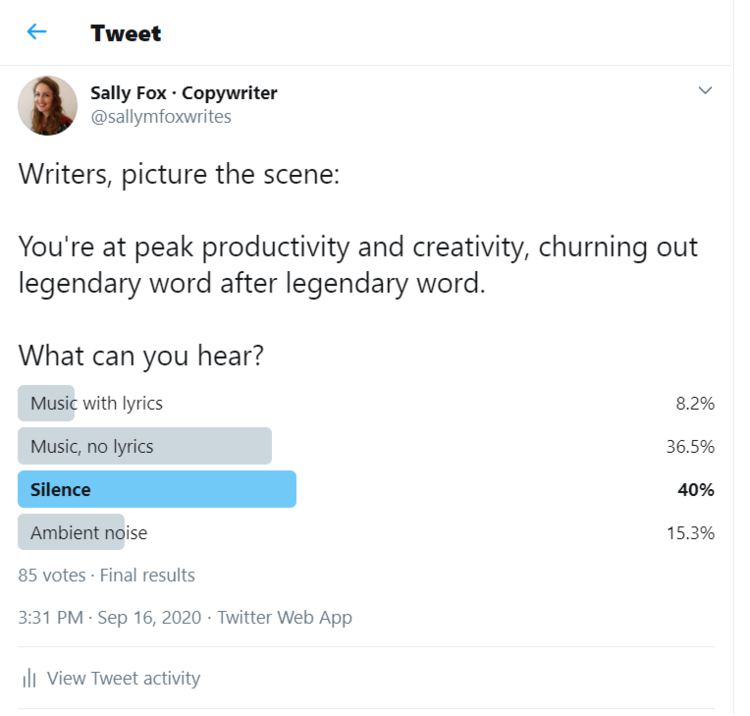 A scientific Twitter poll shows 40% of writers prefer to write in silence.