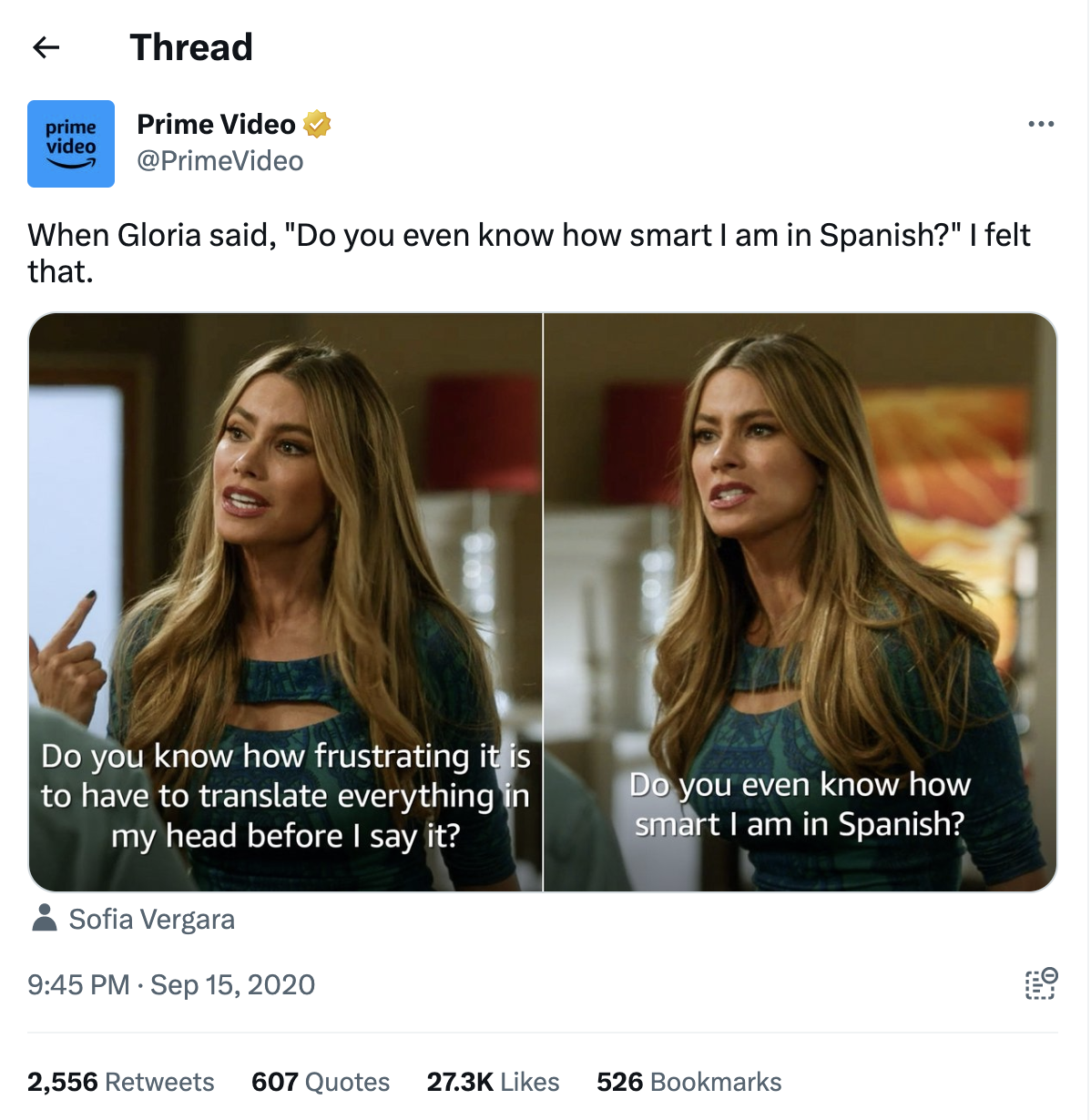 Tweet from Prime Video (@PrimeVideo) "When Gloria said, "Do you even know how smart I am in Spanish?" I felt that." 2 stills of Sofia Vegara who plays Gloria Delgado-Pritchett in the sitcom Modern Family side by side. In each one, she's talking to a person who's just out of shot. The caption for the first is, "Do you know how frustrating it is to have to translate everything in my head before I say it?" And the caption for the second is, "Do you even know how smart I am in Spanish?"