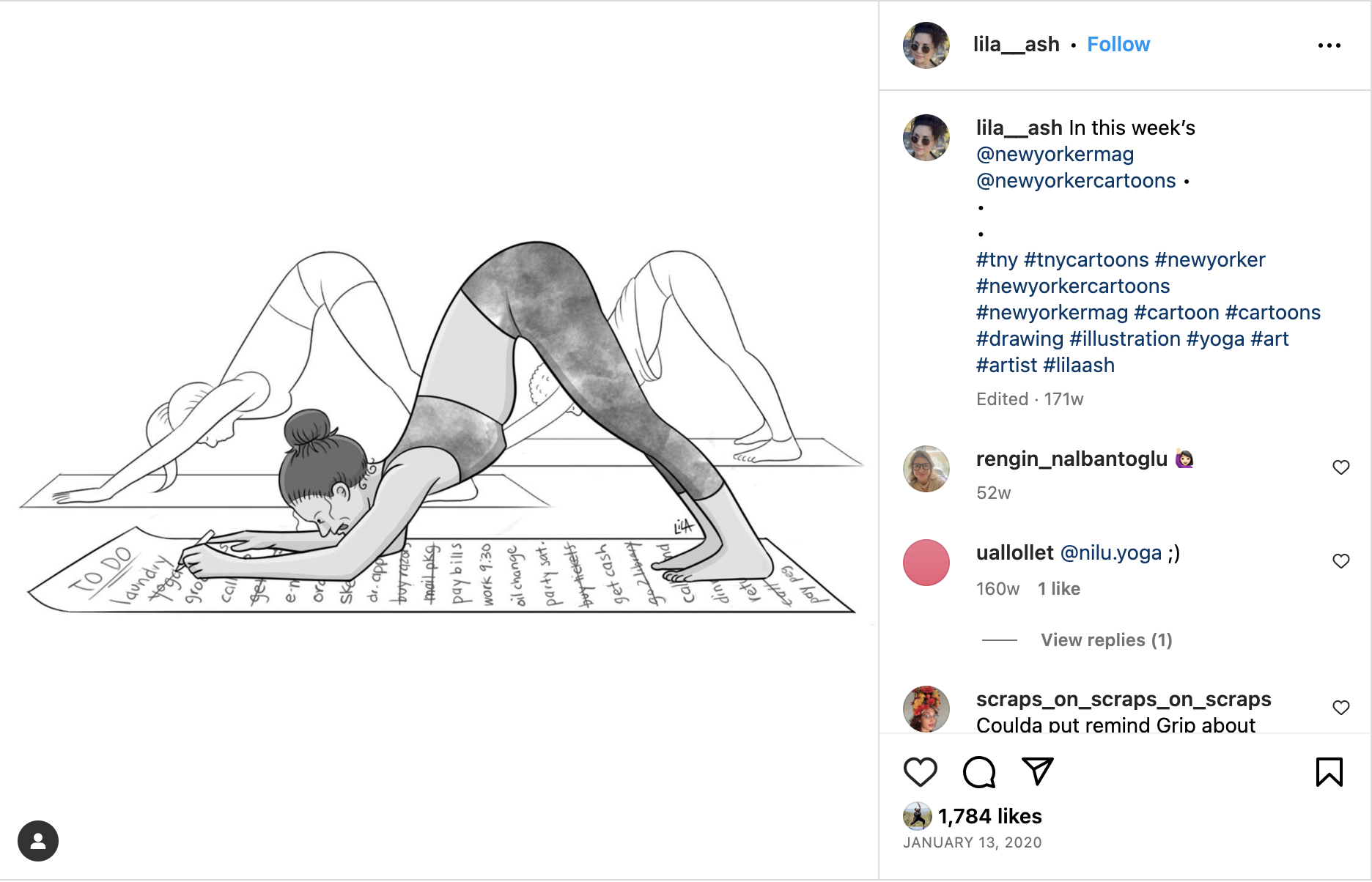 Cartoon showing a woman in downward dog pose in a yoga class crossing off one of the items on a long to-do list written on her yoga mat.