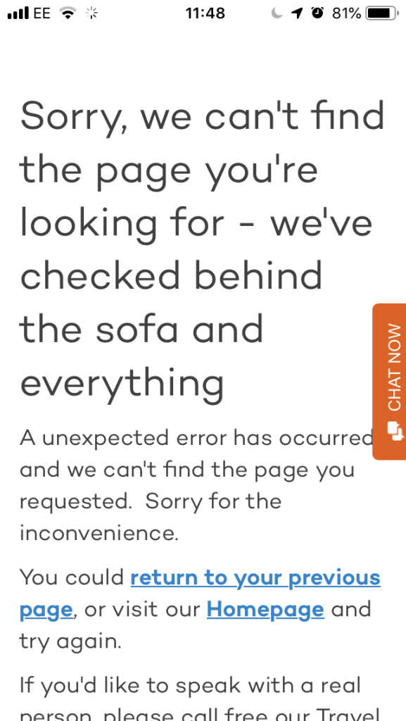 sofa.com 404 page as a good brand tone of voice example for a page not found